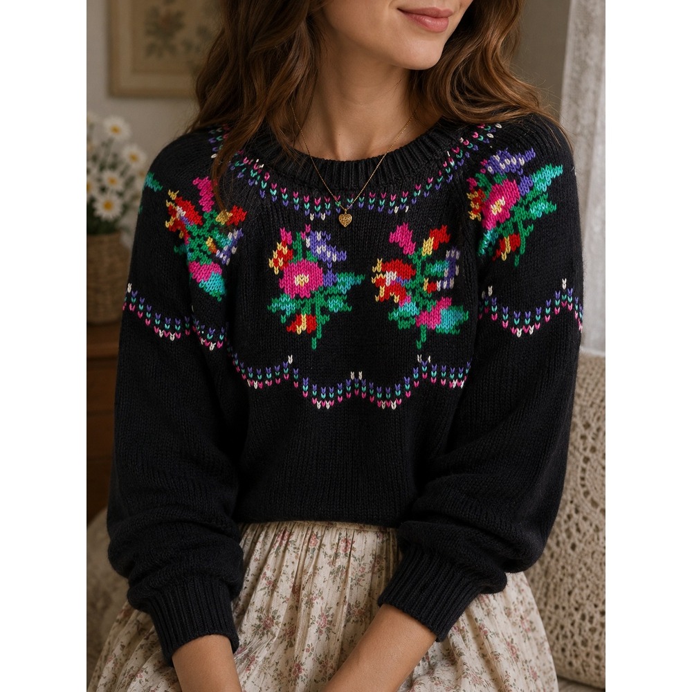 90s Cottagecore Floral Knit Sweater Small Westbound Grannycore Folk Boho